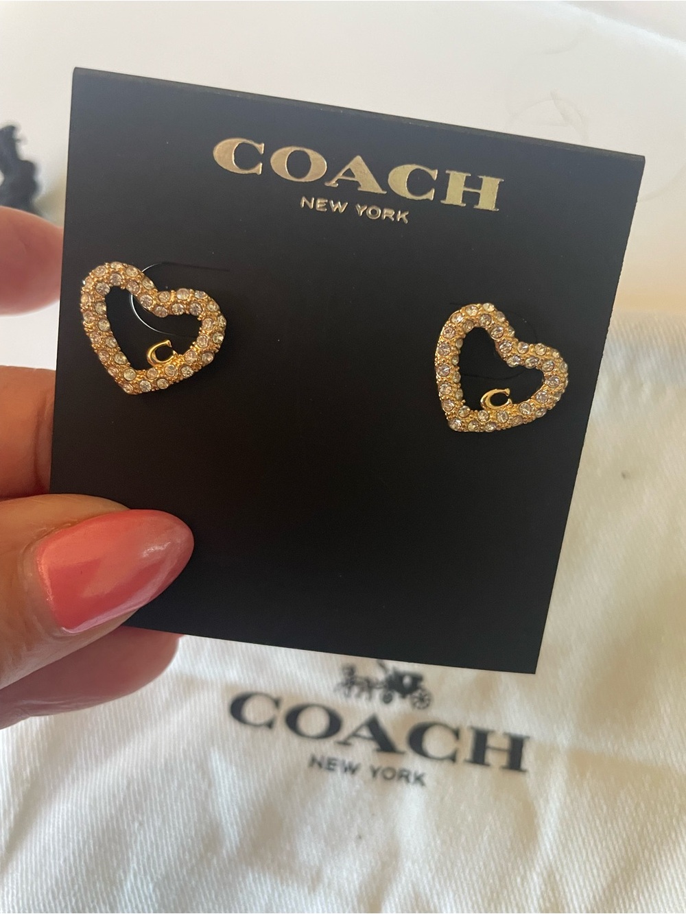 Coach Gold Crystal Heart Stud Earrings